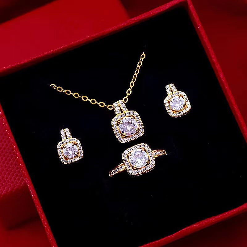Gold square halo zircon necklace, earrings and ring