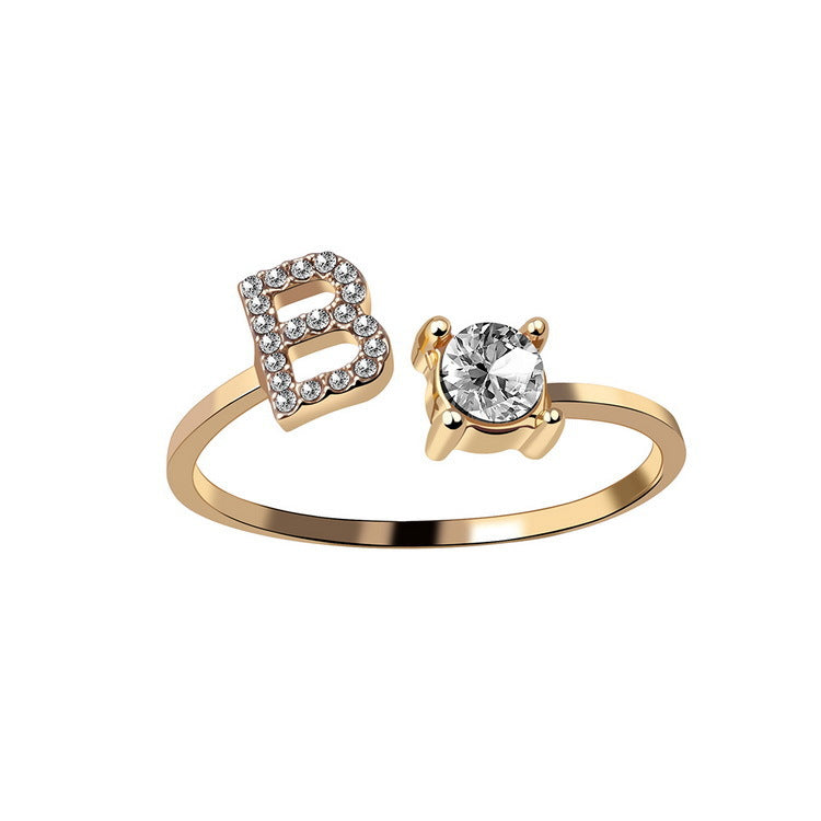 Gold adjustable initial ring with zircon letter