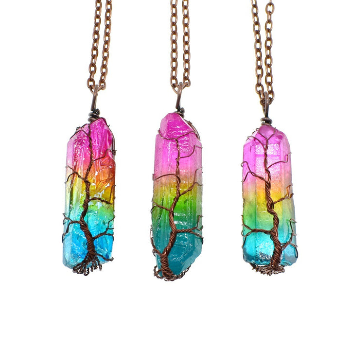 Tree of life wire wrapped crystal pillar necklace