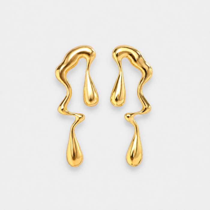 Women's Gold Long Drop Earrings Abstract Wave Design