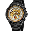 Men's gold skeleton automatic watch with steel bracelet