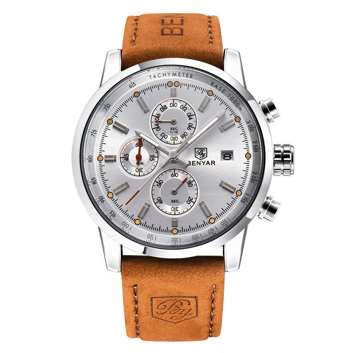Men's Quartz Chronograph-Style Watch with Leather Strap