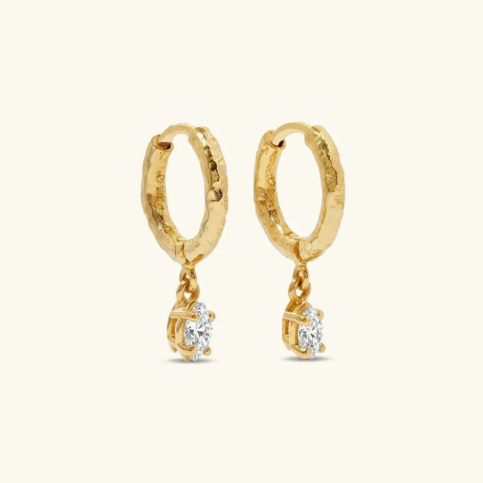Hammered Hoop Earrings with Crystal Drop Charm