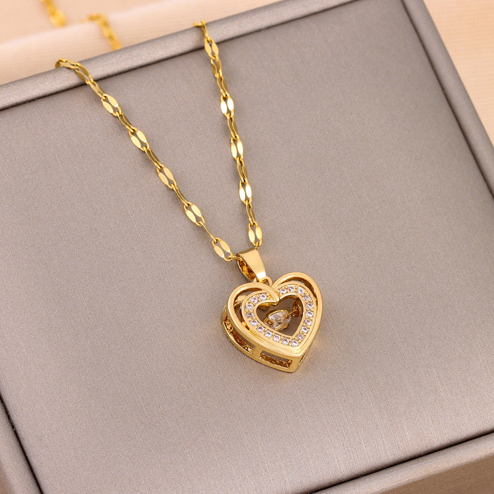 Double layer heart pendant necklace with rhinestones