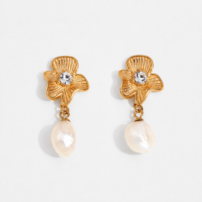 Gold Flower Crystal Pearl Drop Earrings with Stud Back