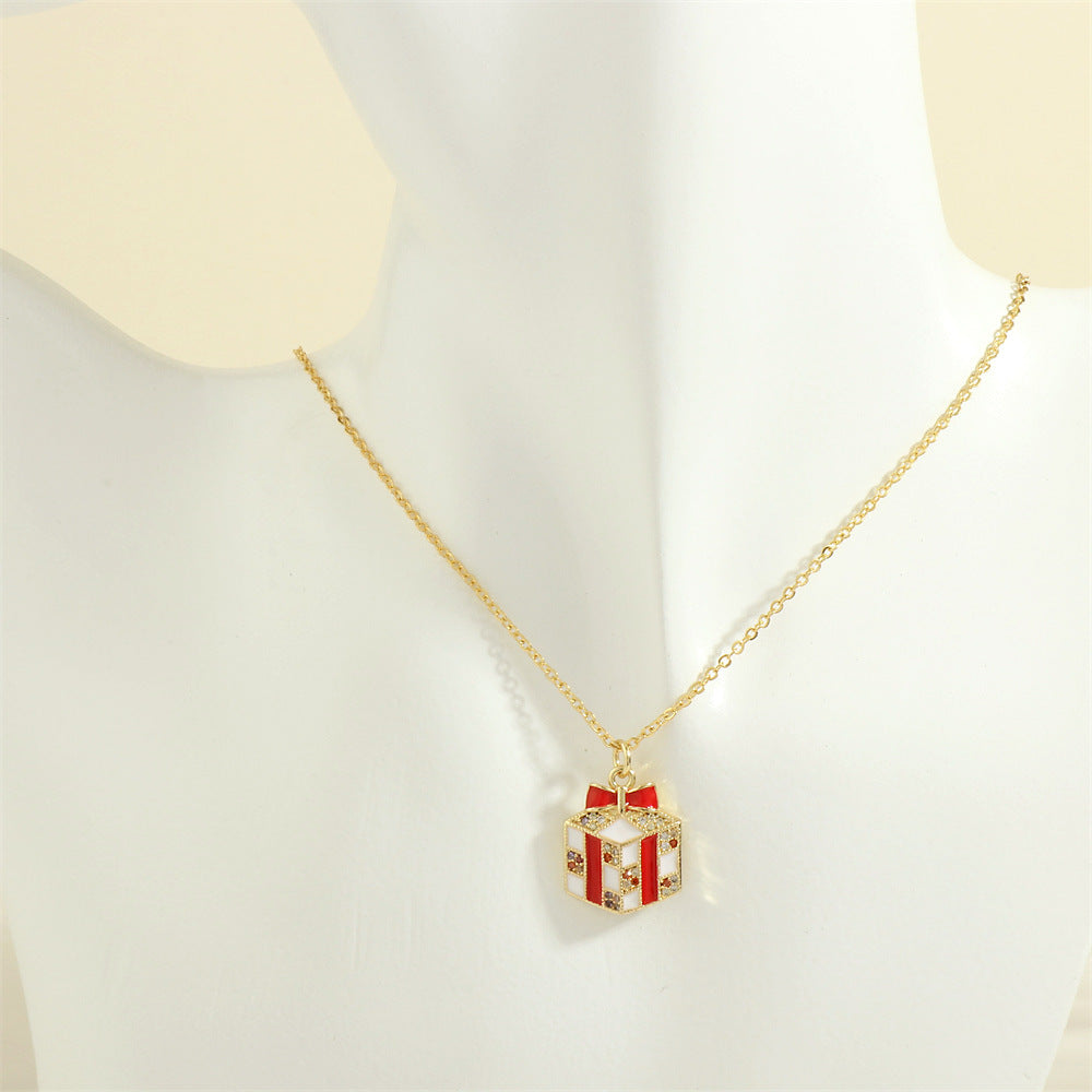 Gold enamel Christmas charm necklace with rhinestones