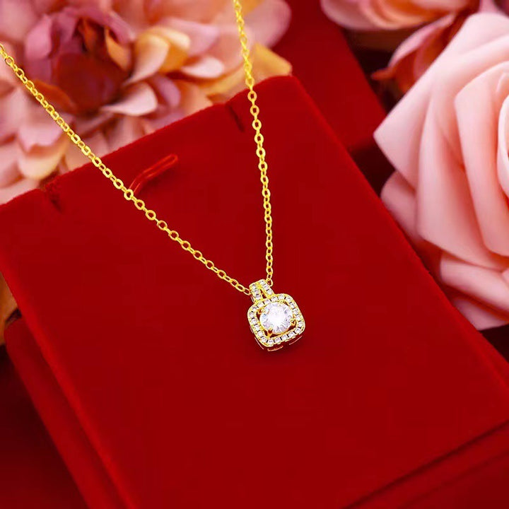 Gold square halo zircon necklace, earrings and ring