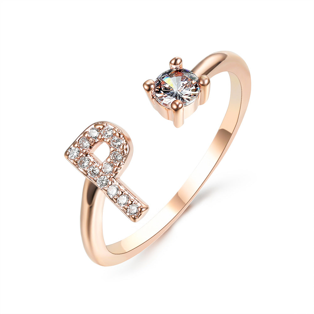 Gold adjustable initial ring with zircon letter