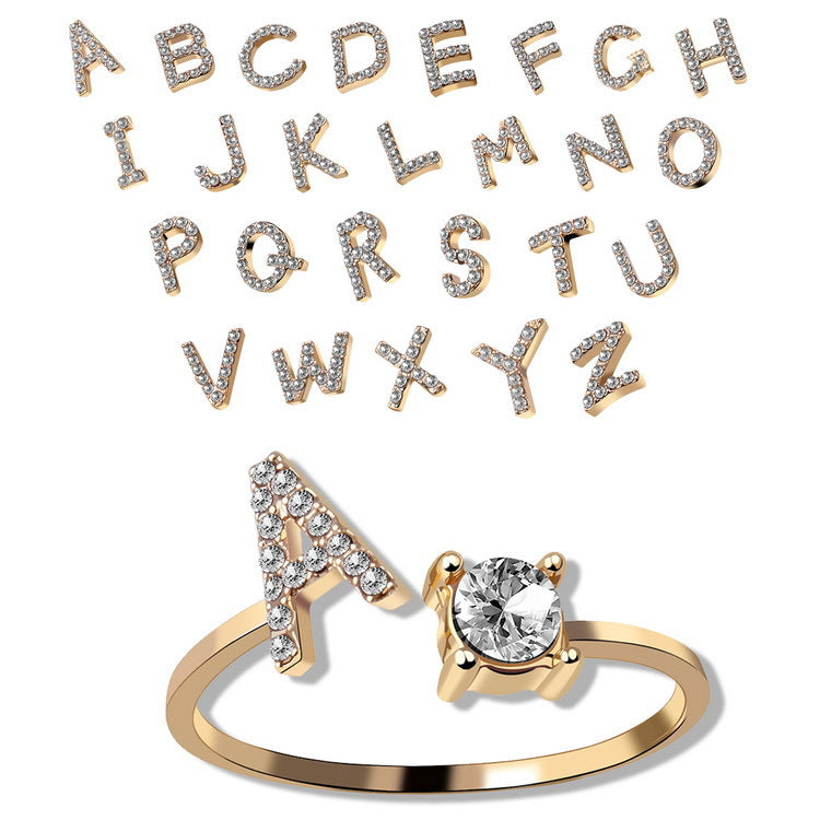 Gold adjustable initial ring with zircon letter
