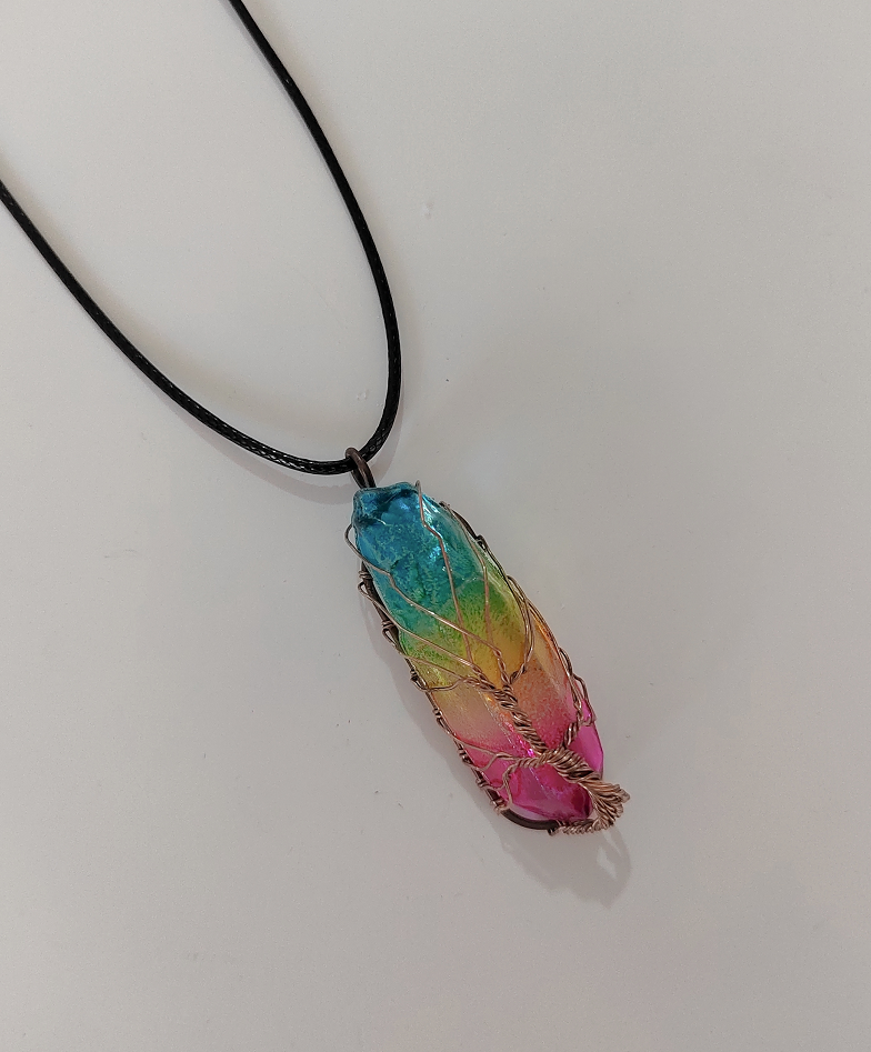 Tree of life wire wrapped crystal pillar necklace