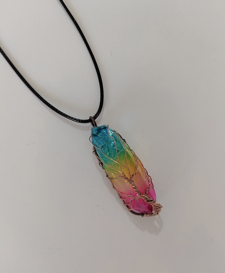 Tree of life wire wrapped crystal pillar necklace