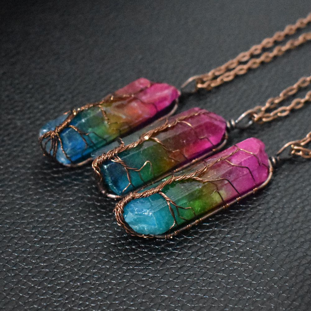 Tree of life wire wrapped crystal pillar necklace
