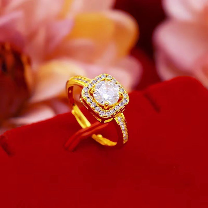 Gold square halo zircon necklace, earrings and ring