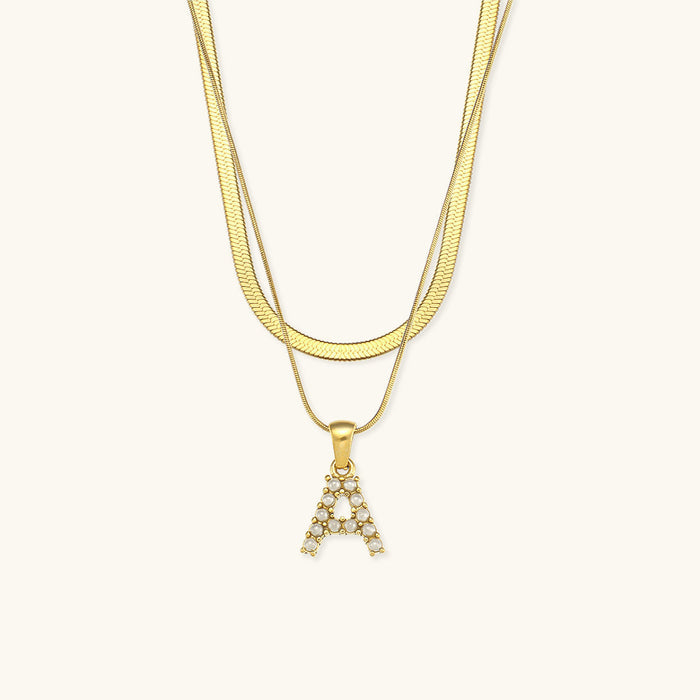 Women's Layered Initial Necklace with Pearl Letter Charm