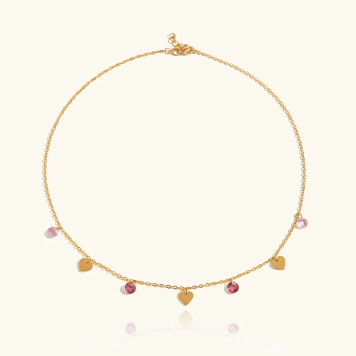 Heart Charm Necklace with Pink Gemstone Accents