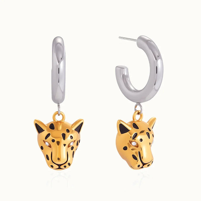 Two-Tone Leopard Hoop Earrings with Gold Charm