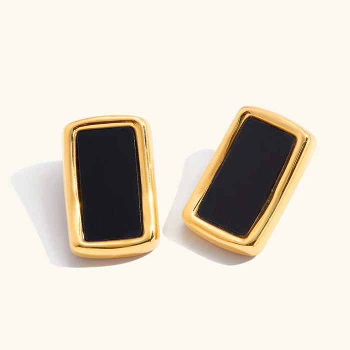 Women's Geometric Stud Earrings Black Enamel Gold Frame
