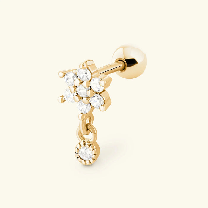 Gold Flower Diamond Stud Earring with Dangle Charm