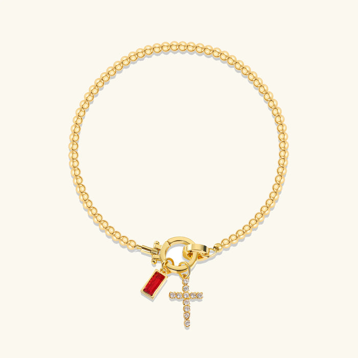 Women's Beaded Bracelet with Birthstone and Cross Charms