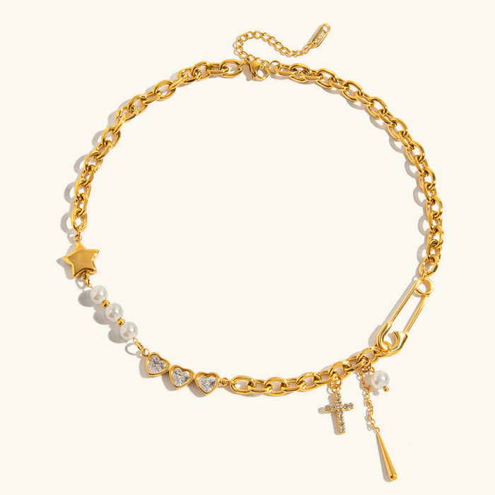Chain Link Necklace with Pearl Star Cross Charms