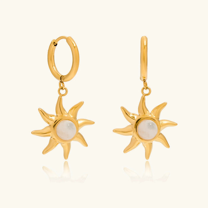 Sun-Shaped Hoop Earrings with Moonstone Charm