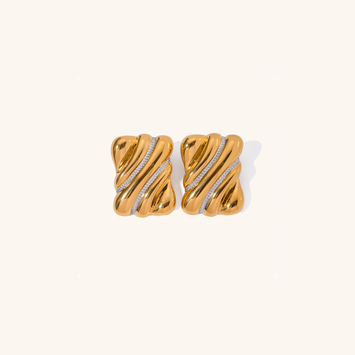 Twisted Gold Stud Earrings with Pavé Silver Stripes