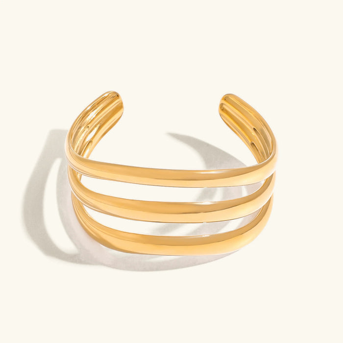 Triple Layer Open Cuff Bangle in Gold-Tone Stainless Steel