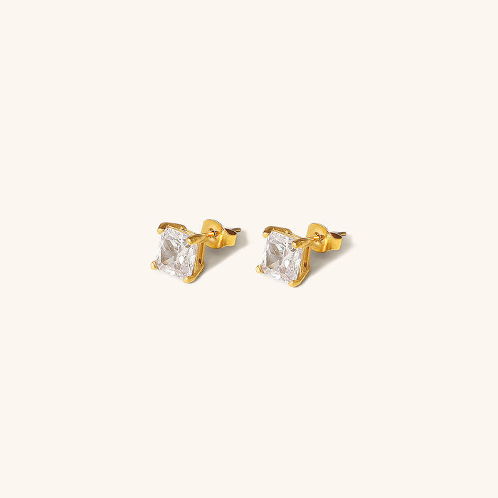 Gold-Tone Stud Earrings with Princess-Cut Stone