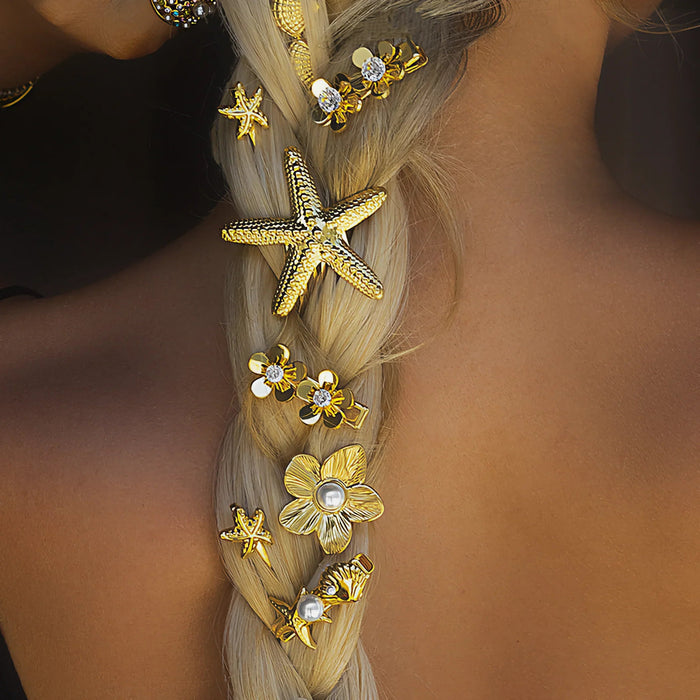 Women's Flower and Starfish Hair Clip Set with Faux Pearls