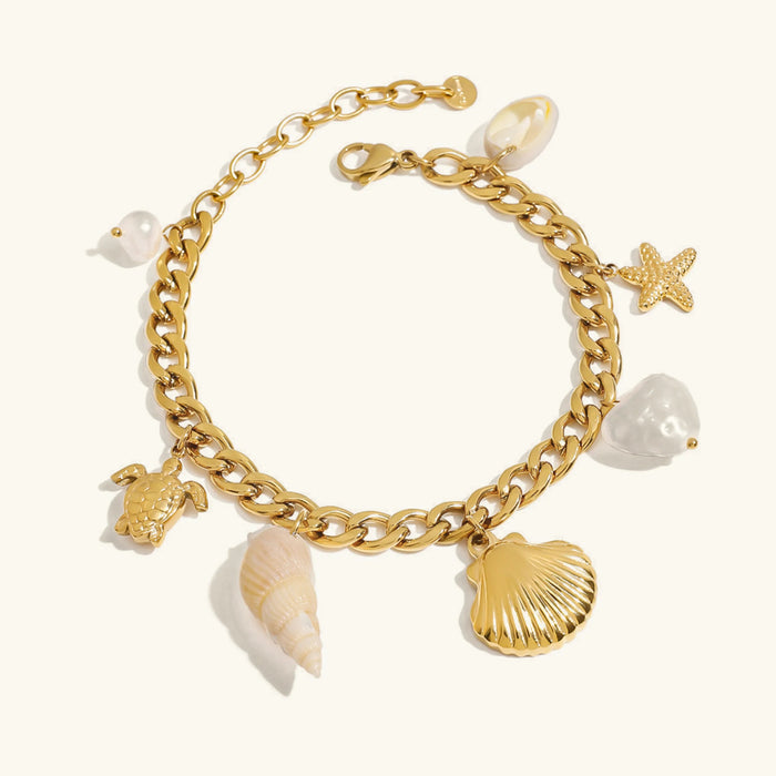 Women's Charm Bracelet with Freshwater Pearls and Sea Motifs