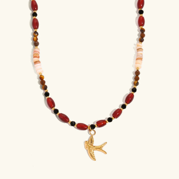 Women's Beaded Necklace with Bird Charm and Tiger Eye