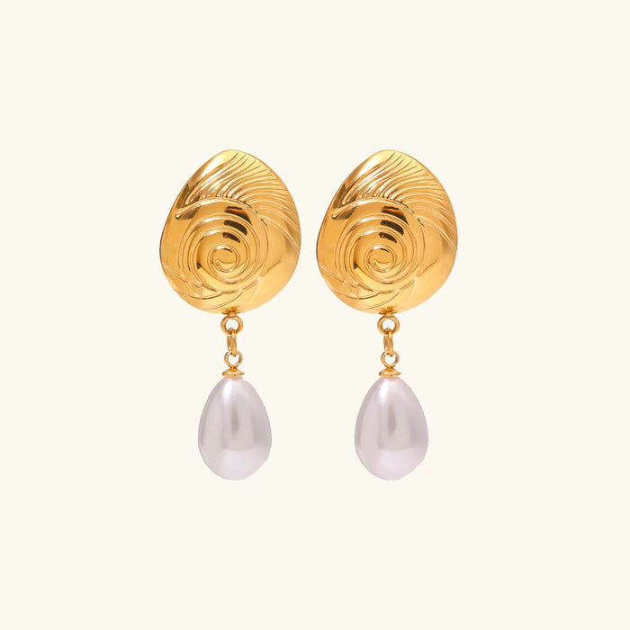 Women's Gold Shell Pearl Drop Earrings with Stud Backs