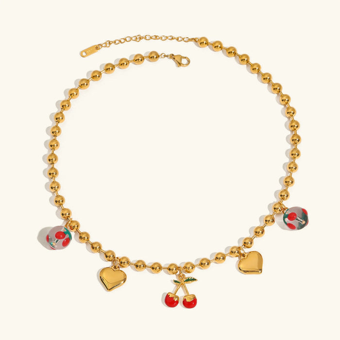 Cherry Heart Charm Ball Chain Necklace Adjustable