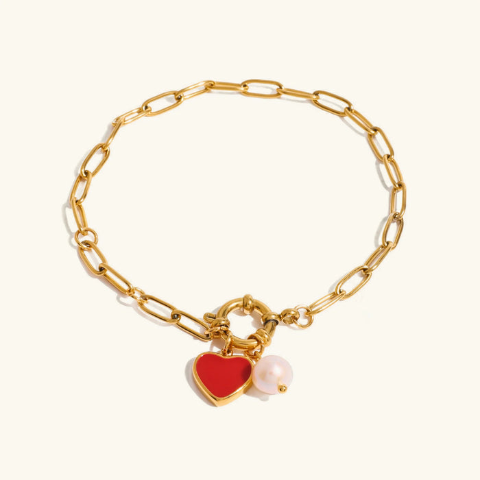 Chain Link Bracelet with Heart Charm and Pearl Accent