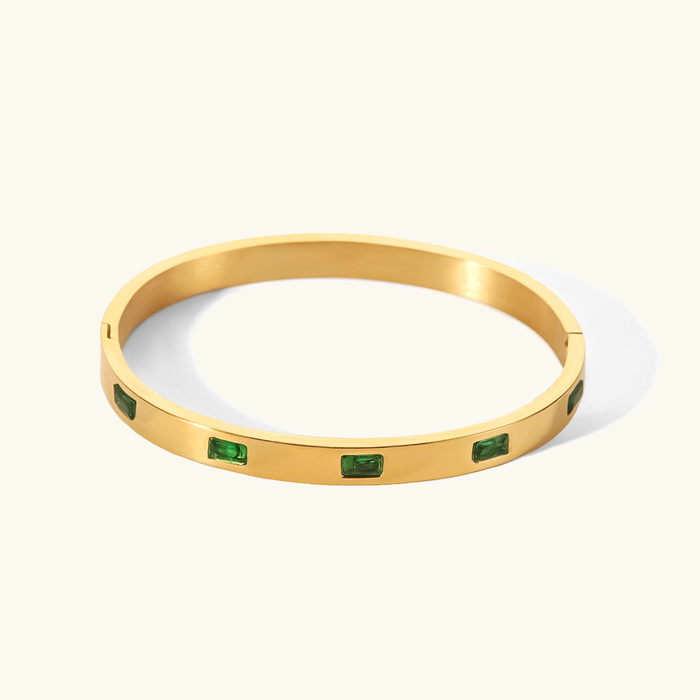 Gold Hinged Bangle with Rectangular Green Stones