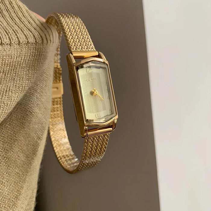 Women's Gold-Tone Rectangular Quartz Watch with Mesh Bracelet