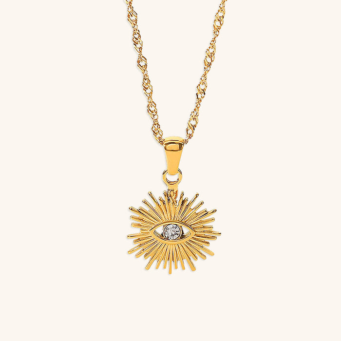 Gold Sunburst Evil Eye Pendant Necklace with Chain
