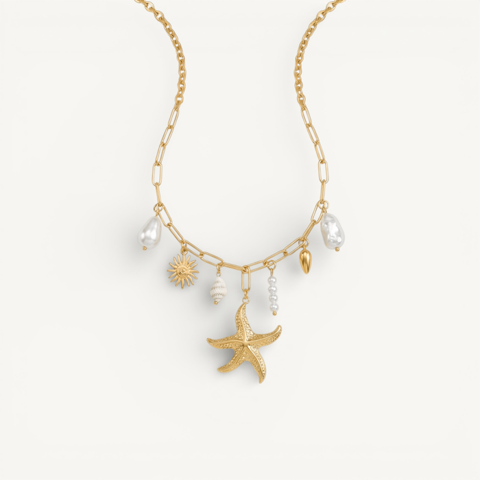 Women's Chain Necklace with Starfish and Pearl Charms