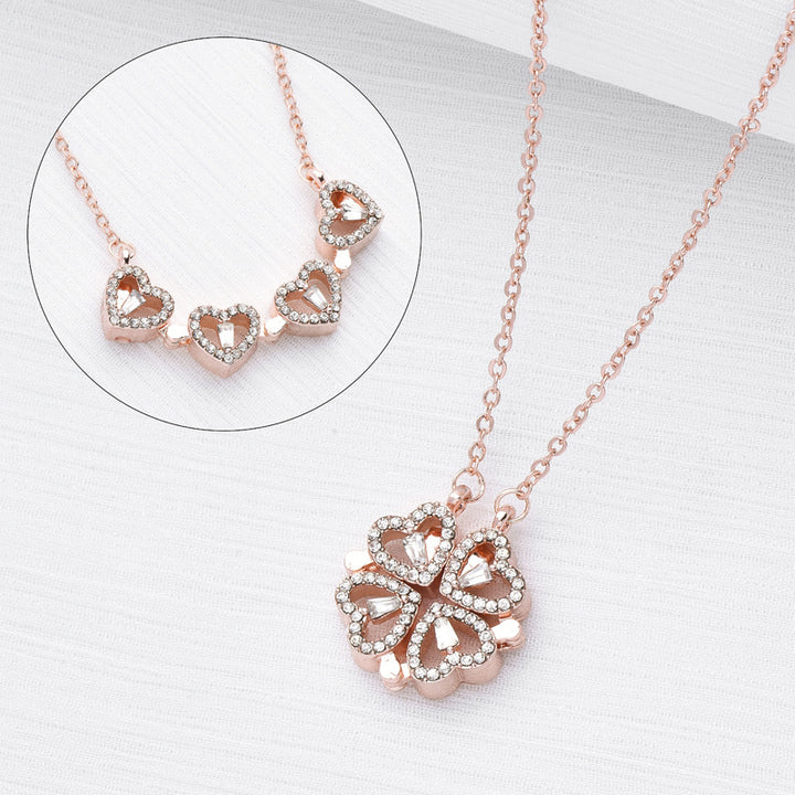 Gold magnetic four leaf clover heart necklace