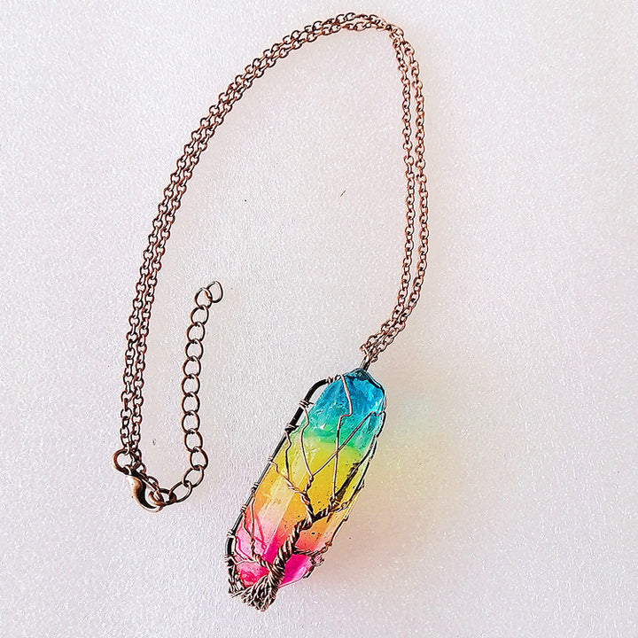 Tree of life wire wrapped crystal pillar necklace