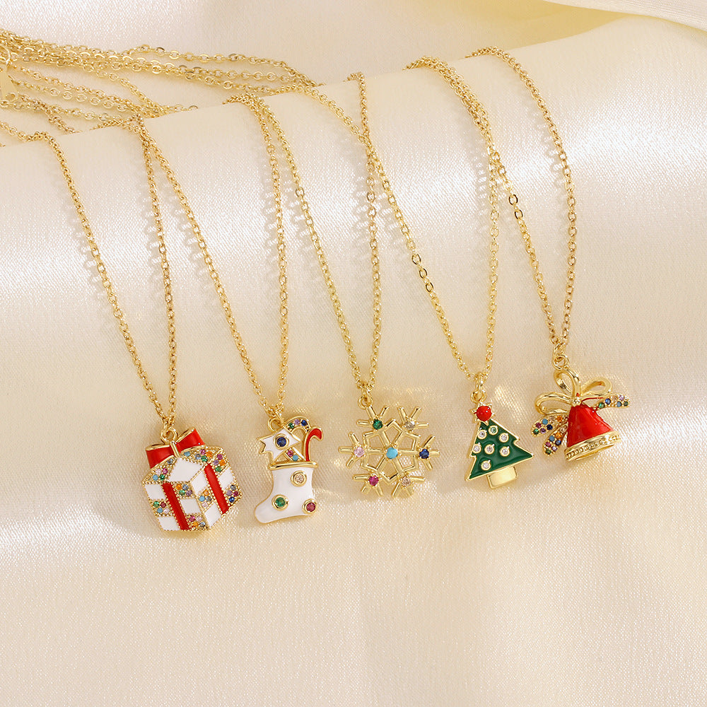 Gold enamel Christmas charm necklace with rhinestones