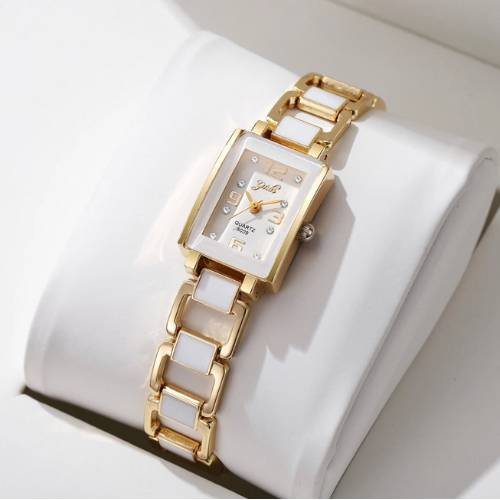 Women's Rectangular Quartz Watch with Two-Tone Bracelet