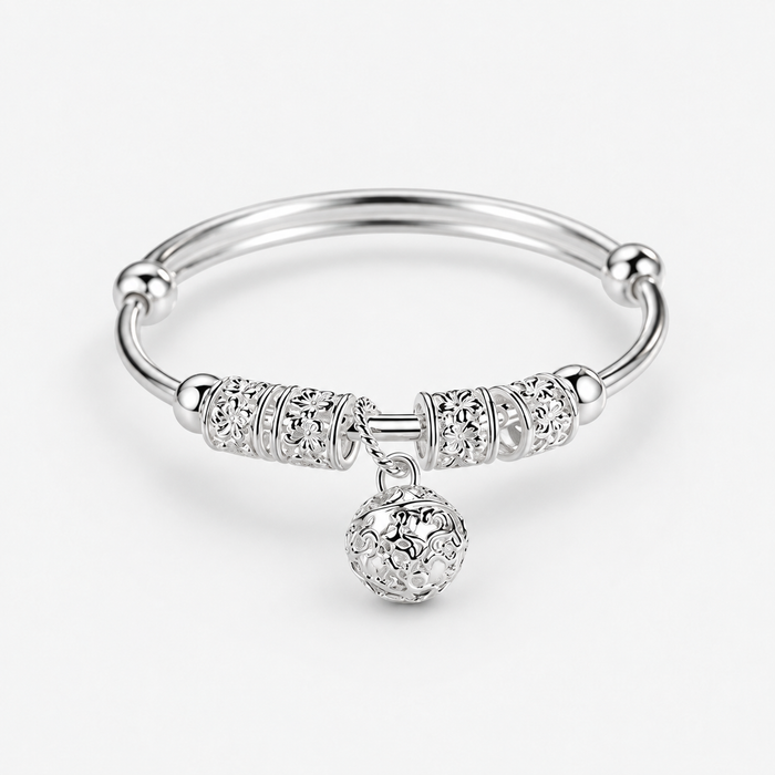 Sterling Silver Bangle with Filigree Beads and Bell Charm