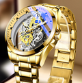 Men's gold skeleton quartz watch with see-through dial