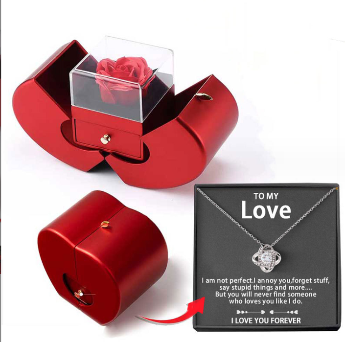 Red apple gift box with rose and necklace