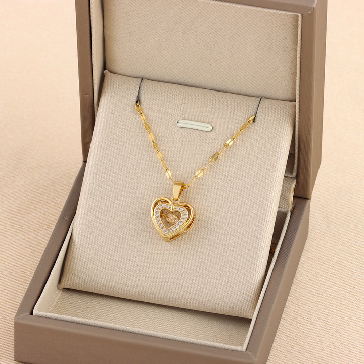 Double layer heart pendant necklace with rhinestones