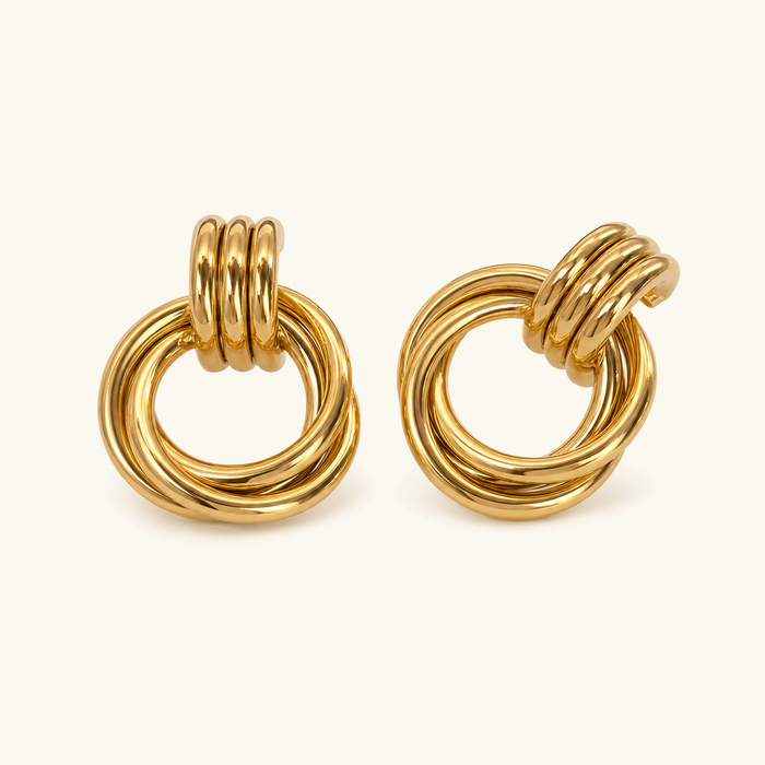 Gold Knot Drop Earrings with Ribbed Hoop Detail