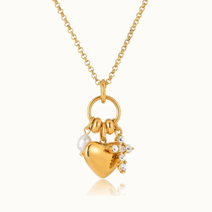 Women's Heart Charm Necklace with Pearl and Crystal Cross