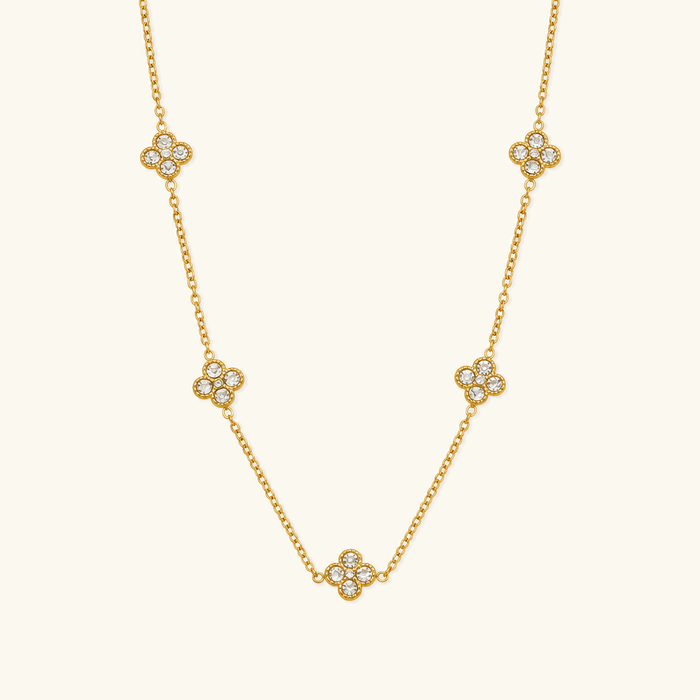 Station Necklace with Five Clover Charms and Zircon Stones